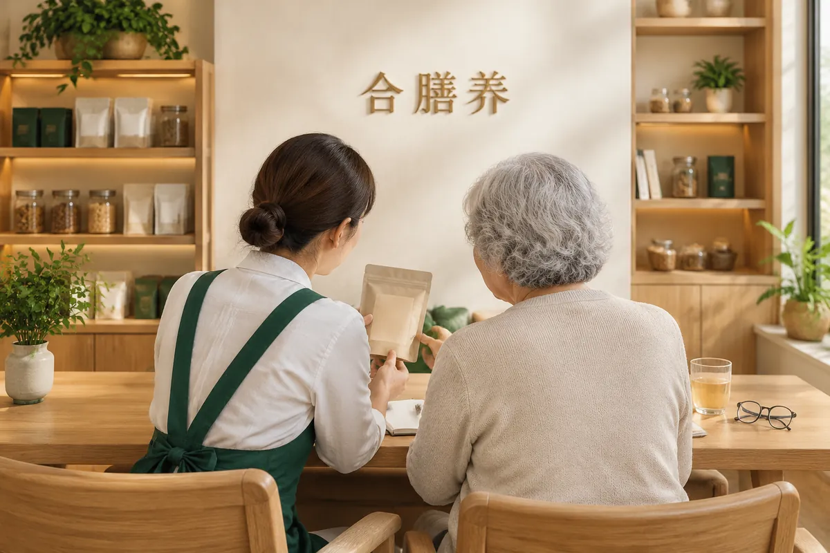 合膳养店员陪长辈看产品配料的场景效果图