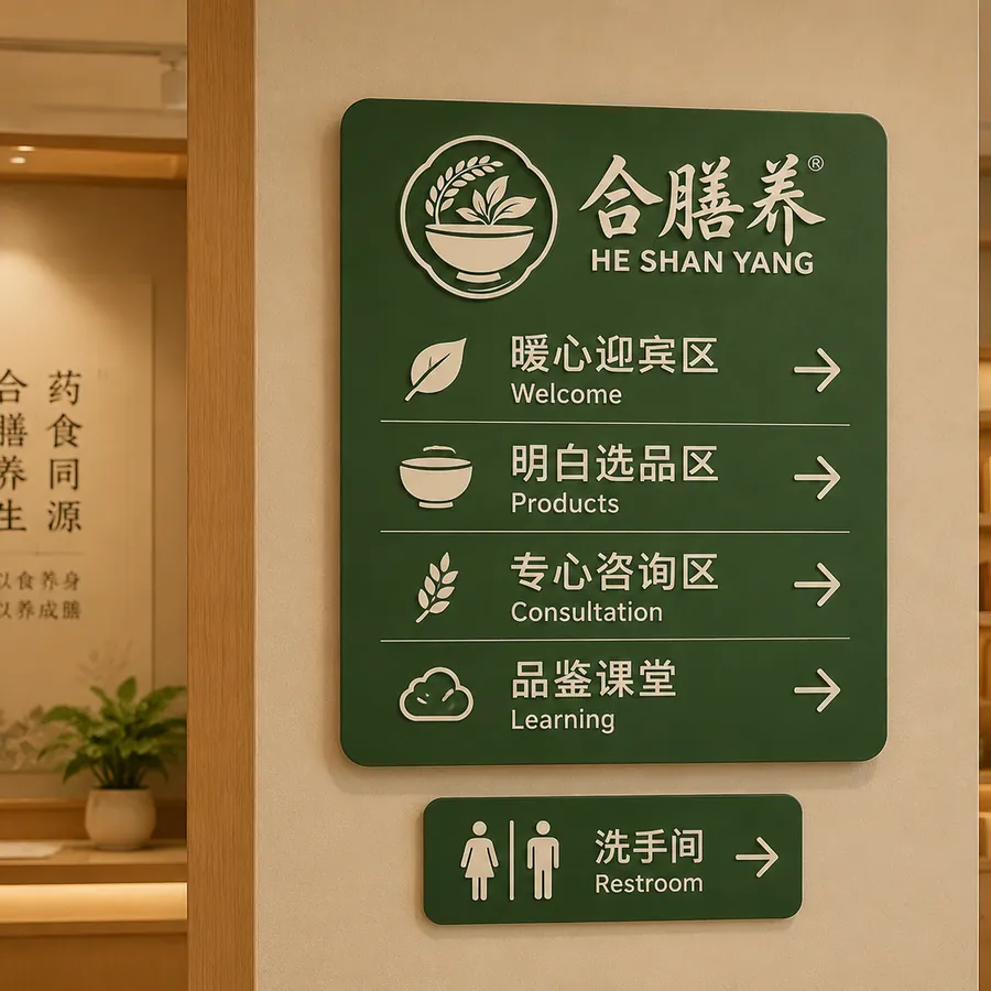 合膳养门店导视牌效果图：暖心迎宾区、明白选品区、专心咨询区、品鉴课堂、洗手间